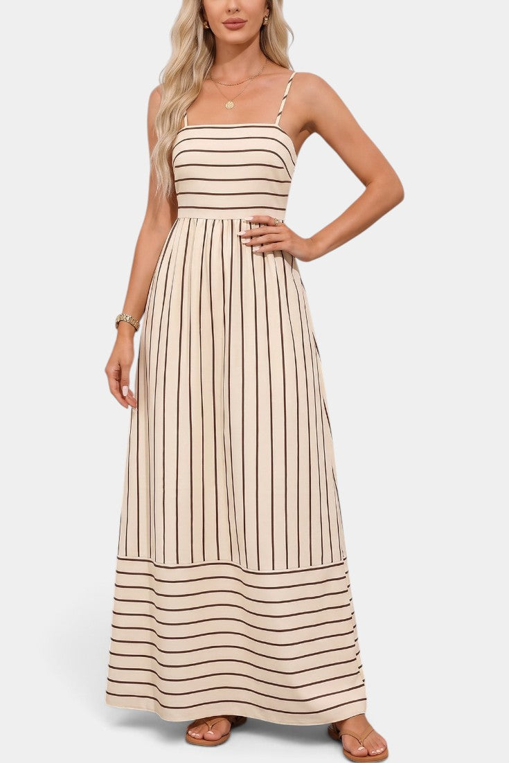 Robe longue à rayures Mahaute Hannelore avec bretelles fines et dos découpé, style élégant et léger.