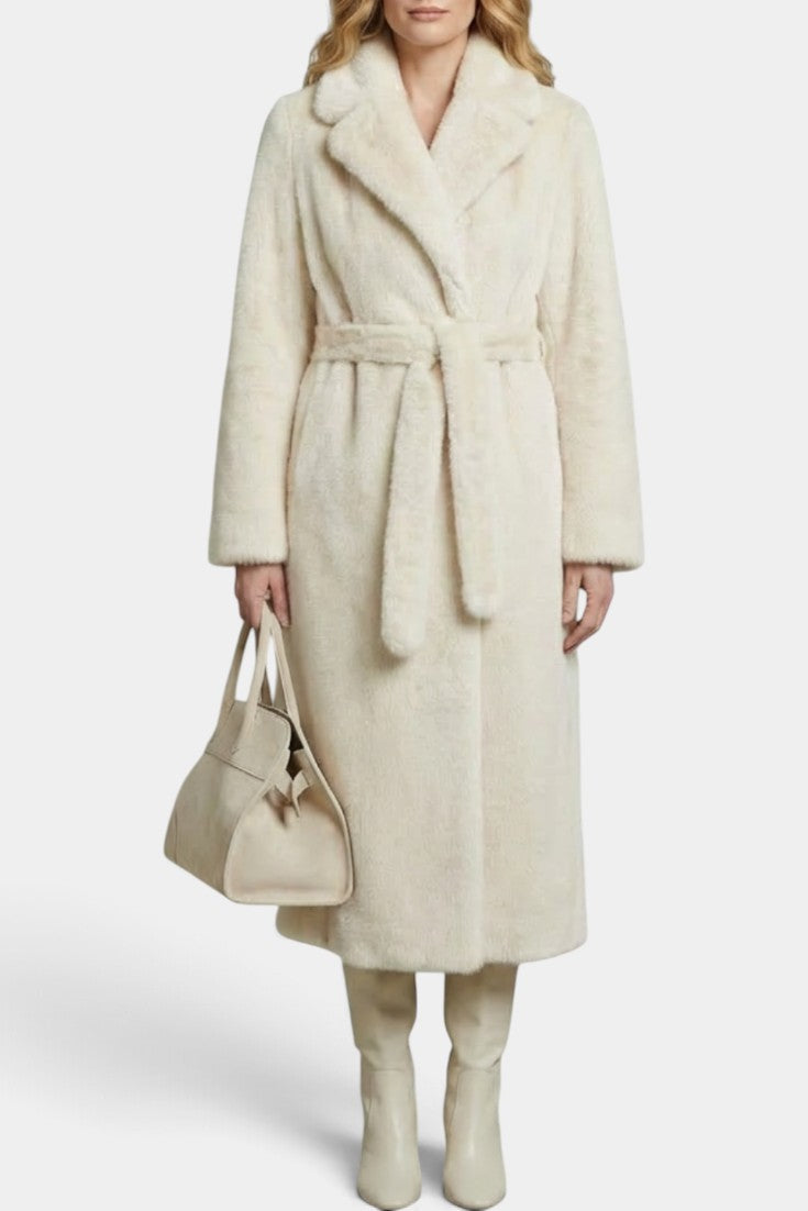Manteau long effet fourrure Mahaute Haworth avec ceinture, col tailleur, couleur crème, manteaux élégants pour femmes.