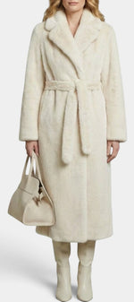 Manteau long effet fourrure Mahaute Haworth avec ceinture, col tailleur, couleur crème, manteaux élégants pour femmes.