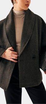 Mahaute Helena charcoal grey short coat with a wide shawl collar and double-breasted design worn by a model