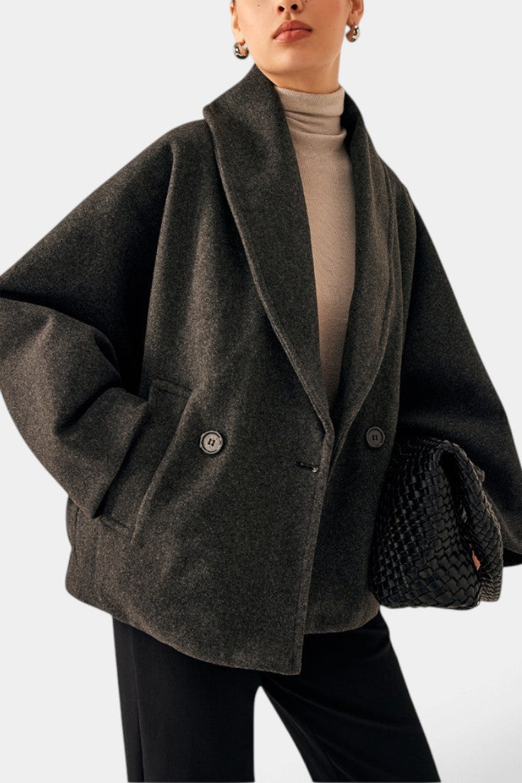 Mahaute Helena charcoal grey short coat with a wide shawl collar and double-breasted button closure
