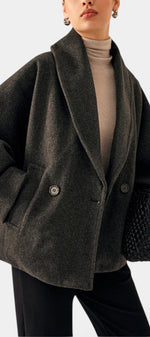 Mahaute Helena charcoal grey short coat with a wide shawl collar and double-breasted button closure