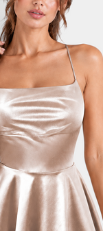 Mahaute Hersilie short satin dress in champagne with a fitted bodice and delicate spaghetti straps