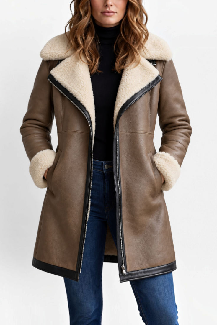Mahaute Hildegarde mid-length faux leather coat in brown with cream faux fur collar and cuffs and zip closure