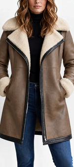 Mahaute Hildegarde mid-length faux leather coat in brown with cream faux fur collar and cuffs and zip closure