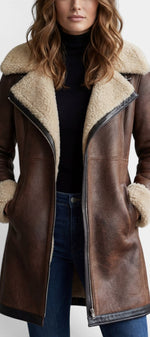 Mahaute Hildegarde mid-length brown faux leather aviator coat with a cream faux fur collar and zip closure.