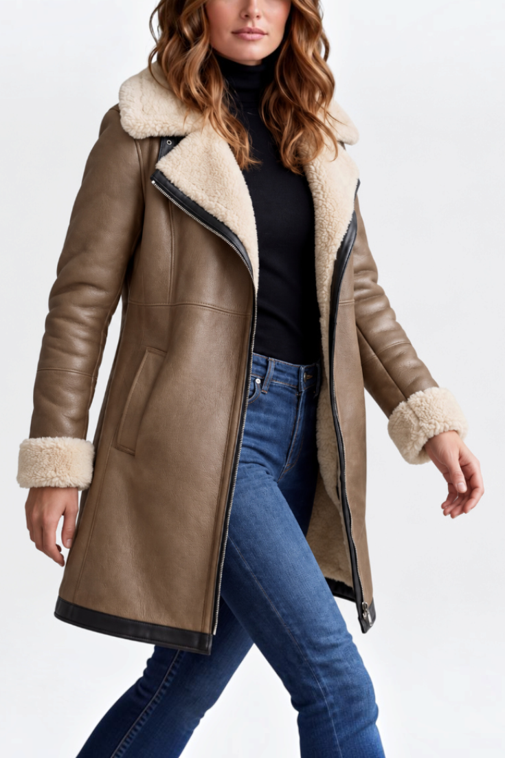 Mahaute Hildegarde mid-length faux leather coat in brown with cream faux fur collar and cuffs and zip closure