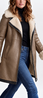 Mahaute Hildegarde mid-length faux leather coat in brown with cream faux fur collar and cuffs and zip closure