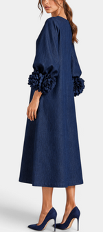 Mahaute Ikavy navy blue midi dress with puff sleeves and 3D floral cuffs in a flared silhouette.