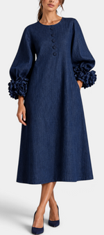 Mahaute Ikavy navy blue midi dress with puff sleeves and 3D floral cuffs, featuring decorative front buttons.