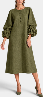 Mahaute Ikavy olive green midi dress with puff sleeves, 3D floral cuffs, and decorative front buttons.