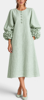 Mahaute Ikavy sage green midi dress with puff sleeves, 3D floral cuffs, and decorative front buttons.