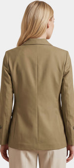 Veste blazer cintrée Mahaute Iria beige avec col tailleur et boutons, vue de dos.