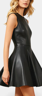 Robe courte évasée en faux cuir noir sans manches de la marque Mahaute, modèle Isolda, portée avec col rond.
