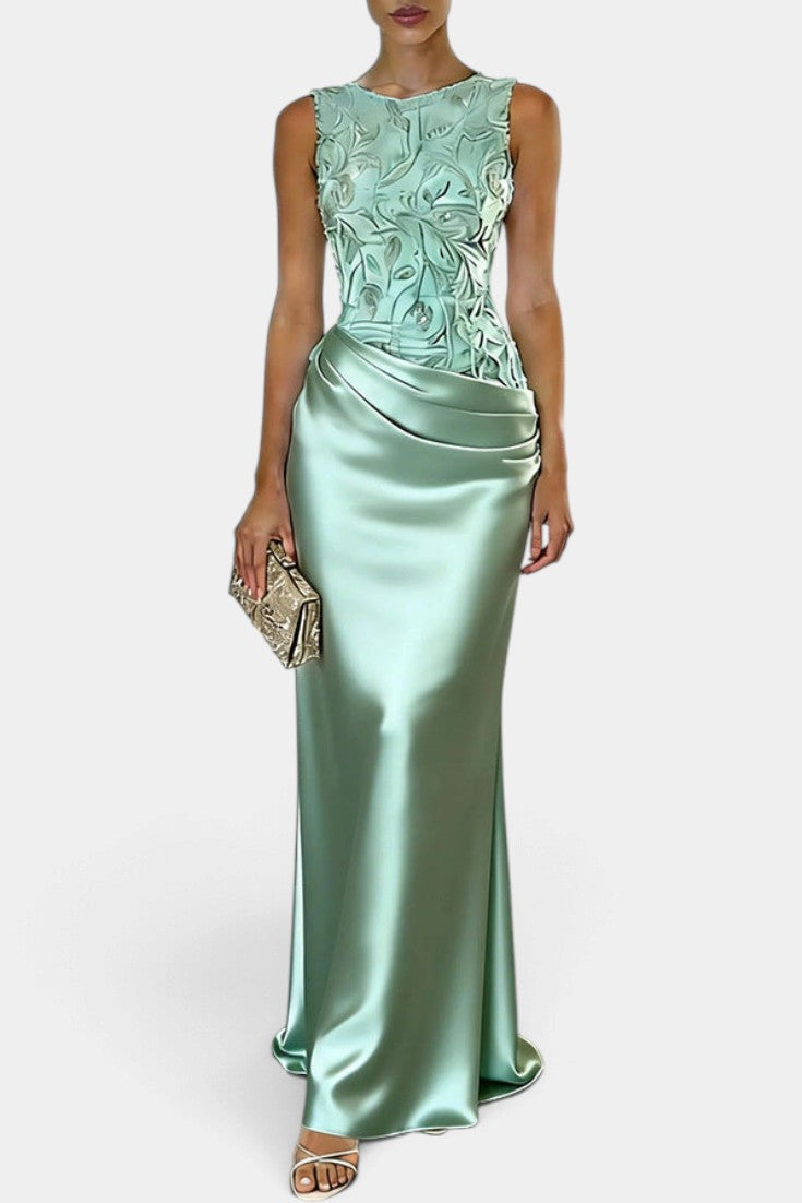 Mahaute Joni long mint green satin gown featuring a floral embroidered bodice and a draped waist for formal events.