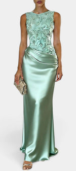 Mahaute Joni long mint green satin gown featuring a floral embroidered bodice and a draped waist for formal events.