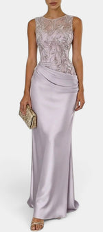 Mahaute Joni long satin evening gown with a floral embroidered bodice, sleeveless cut, and draped waist detail.