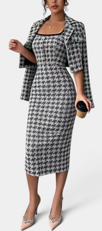 Mahaute Kalina midi dress and structured blazer set in black and white houndstooth with square neckline