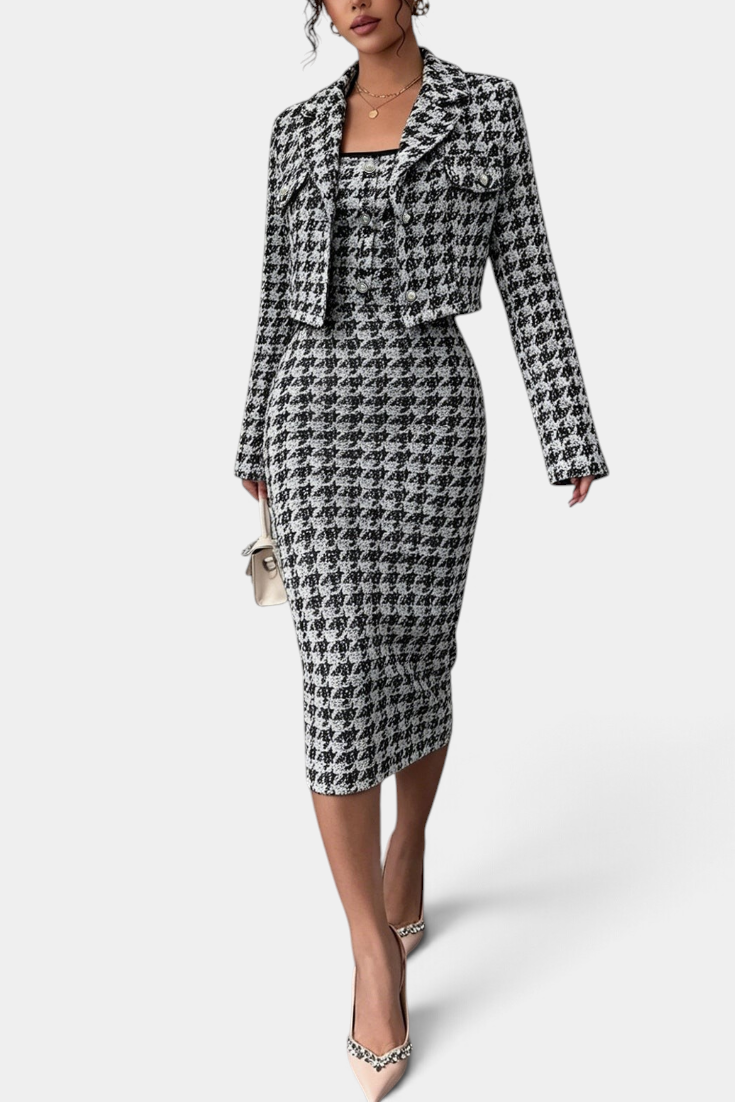 Mahaute Kalina ensemble featuring a black and white houndstooth midi dress and matching structured cropped blazer