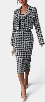 Mahaute Kalina ensemble featuring a black and white houndstooth midi dress and matching structured cropped blazer