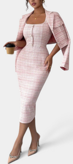 Mahaute Kalina pink plaid midi dress and structured blazer set with square neckline and decorative buttons
