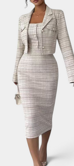 Mahaute Kalina beige plaid midi dress and structured blazer set with square neckline and decorative buttons