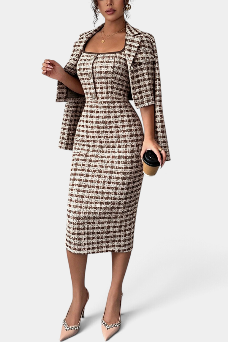 Mahaute Kalina midi dress and blazer set in brown and white plaid with square neckline and decorative buttons