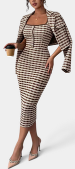 Mahaute Kalina midi dress and matching structured blazer in brown and white plaid tweed with a square neckline.