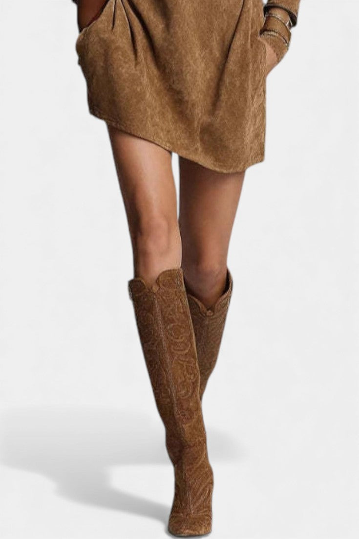 Mahaute Karoly short brown faux suede dress with side pockets paired with matching embroidered knee-high boots