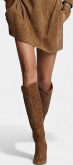 Mahaute Karoly short brown faux suede dress with side pockets paired with matching embroidered knee-high boots