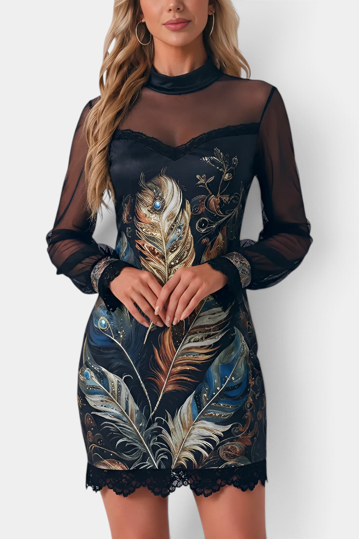 Mahaute Kessy short dress with high neck, sheer long sleeves, lace trim, and artistic feather print on black fabric