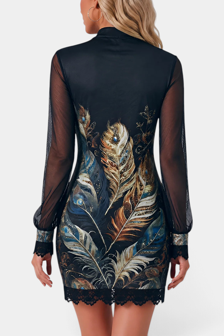 Mahaute Kessy short dress with high neck, sheer long sleeves, and intricate feather print with black lace trim.