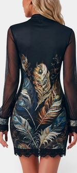 Mahaute Kessy short dress with high neck, sheer long sleeves, and intricate feather print with black lace trim.