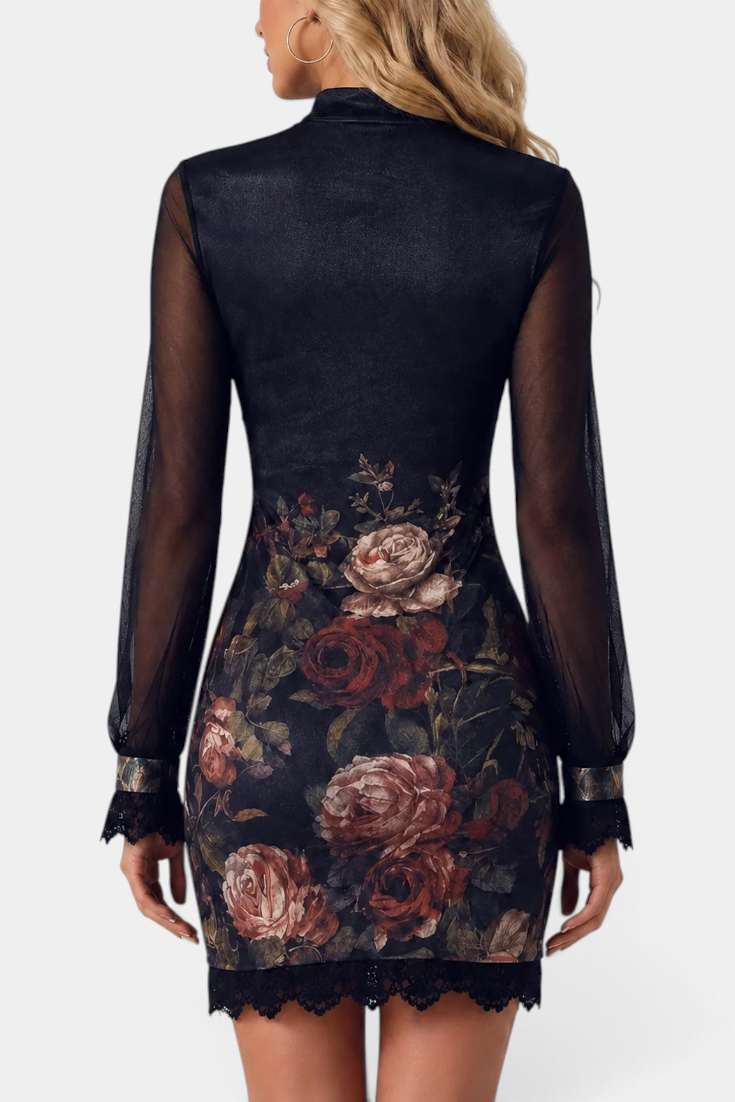 Back view of Mahaute Kessy short floral dress with high neck, sheer long sleeves, and delicate lace trim details.