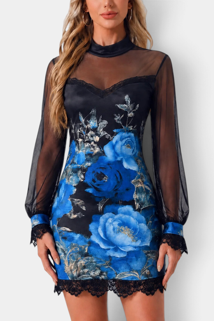 Mahaute Kessy short floral dress with high neck, sheer long sleeves, and delicate black lace trim details.