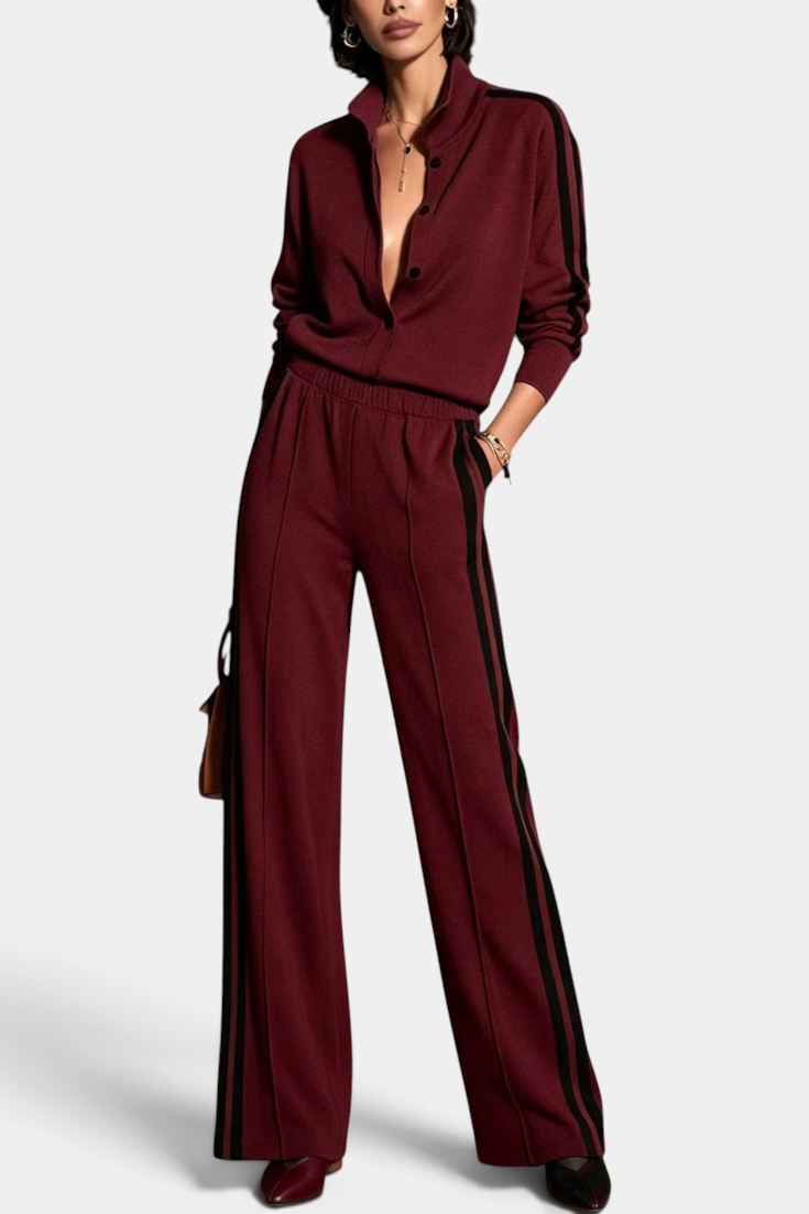 Mahaute Kimi burgundy button-up jacket and wide-leg trousers set with black side stripes on a model