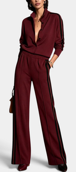 Mahaute Kimi burgundy button-up jacket and wide-leg trousers set with black side stripes on a model
