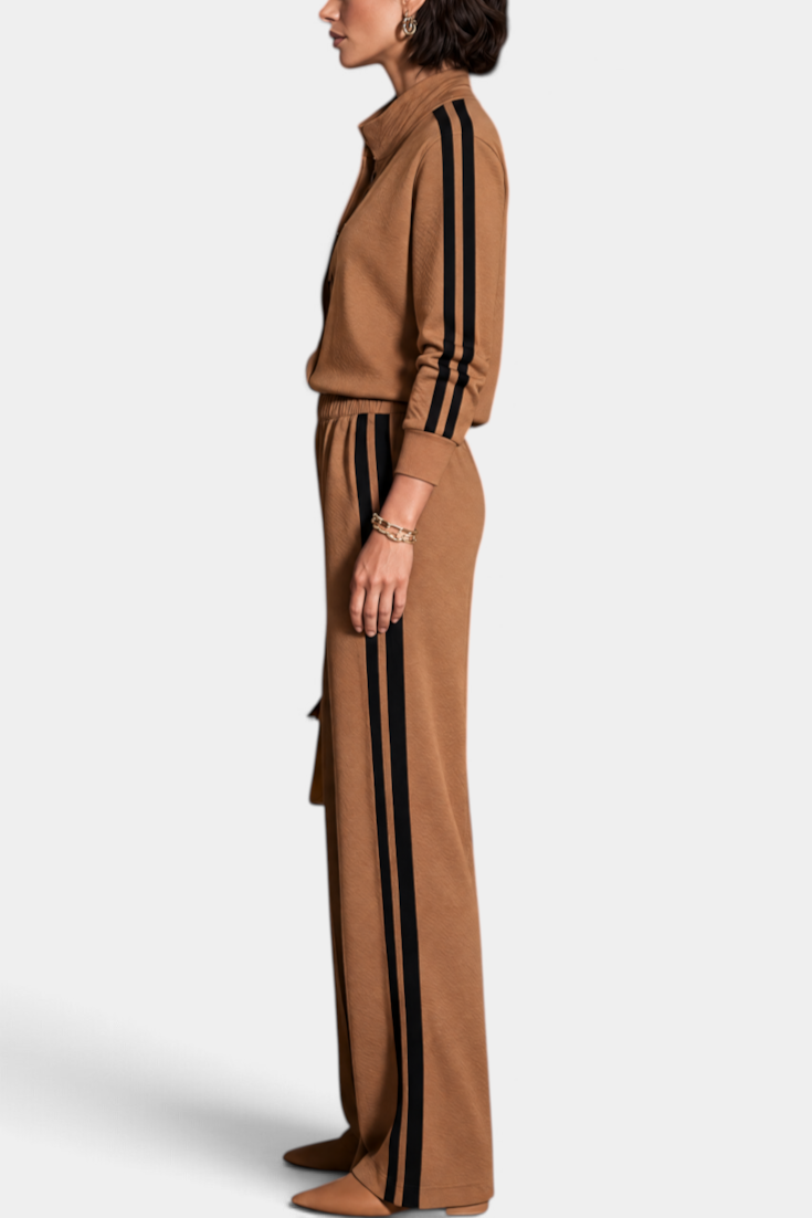 Mahaute Kimi camel two-piece set with buttoned jacket, wide-leg trousers, and black side stripes on a model