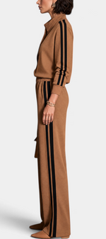 Mahaute Kimi camel two-piece set with buttoned jacket, wide-leg trousers, and black side stripes on a model