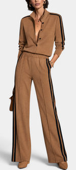 Mahaute Kimi camel button-up jacket and wide-leg trousers set with black side stripes on a model