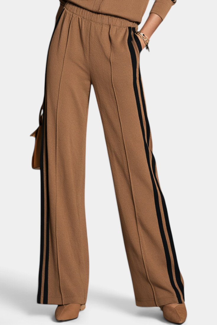 Mahaute Kimi camel wide-leg trousers with black side stripes and an elasticated waist for a chic casual look