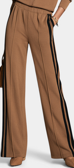 Mahaute Kimi camel wide-leg trousers with black side stripes and an elasticated waist for a chic casual look