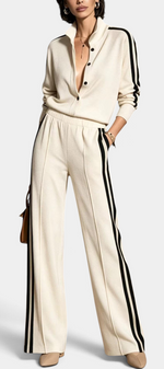Mahaute Kimi cream button-up jacket and wide-leg trousers set with black side stripes on a model