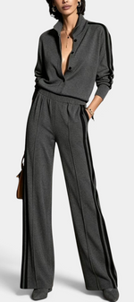 Mahaute Kimi grey buttoned jacket and wide-leg trousers set with black side stripes worn by a model