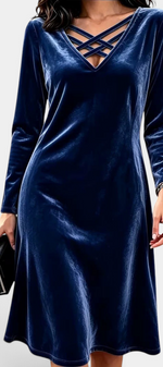 Mahaute Korréline short navy blue velvet dress with long sleeves and a V-neck featuring decorative crisscross straps.