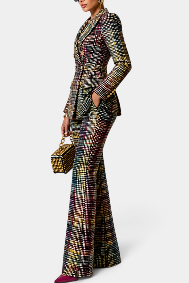 Mahaute Kremena multicoloured plaid tailored suit with double-breasted blazer and wide-leg trousers on a model