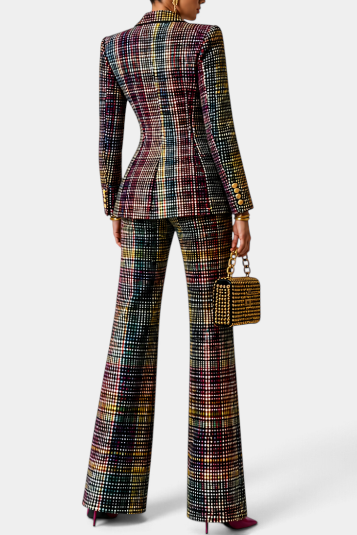 Mahaute Kremena multicoloured plaid suit with a structured double-breasted blazer and wide-leg trousers, back view.