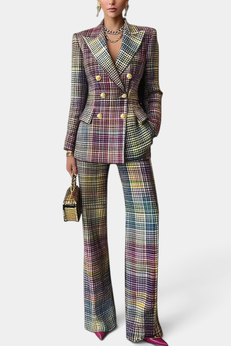 Mahaute Kremena multicoloured plaid tailored suit with double-breasted blazer and wide-leg trousers