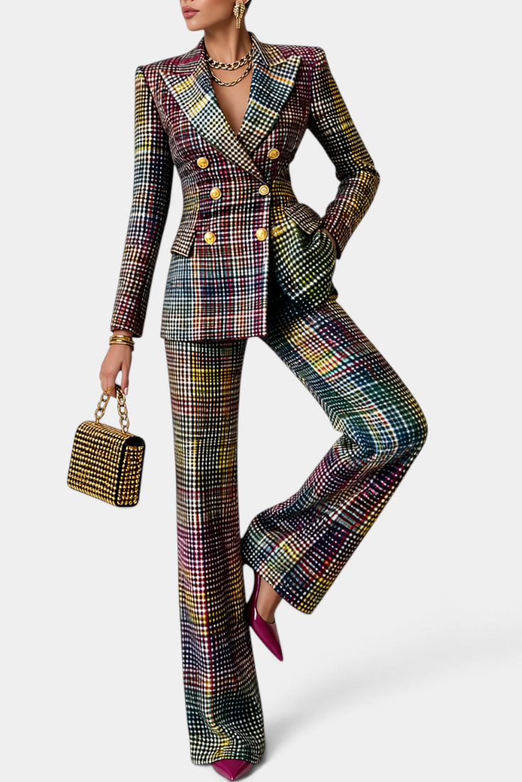 Mahaute Kremena multicoloured plaid tailored suit with double-breasted blazer and wide-leg trousers on a model.