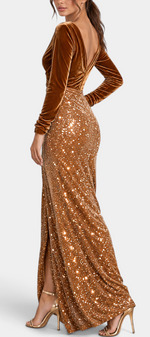 Mahaute Kremena long evening dress with brown velvet bodice, sequin skirt, V-back, and side slit on a model.